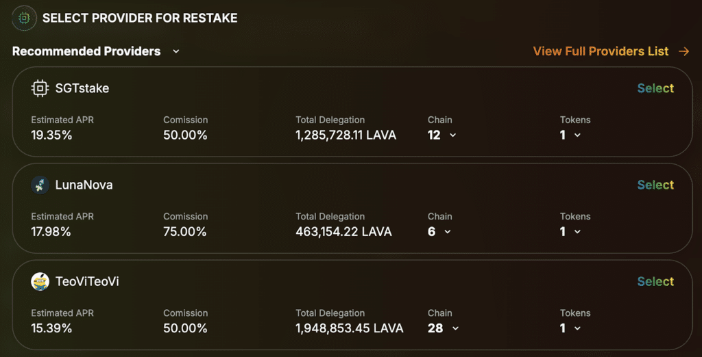 select provider for restake