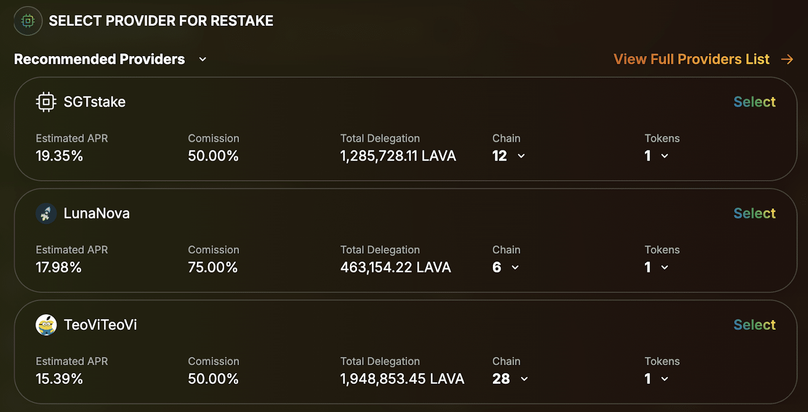 select provider for restake